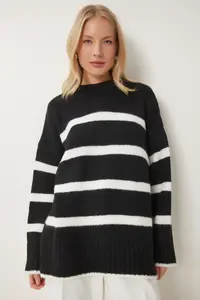 Happiness İstanbul Women's Black Ecru Crew Neck Striped Knitwear Sweater