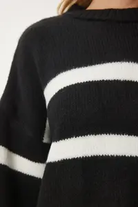 Happiness İstanbul Women's Black Ecru Crew Neck Striped Knitwear Sweater - Image 5