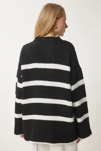 Happiness İstanbul Women's Black Ecru Crew Neck Striped Knitwear Sweater - Image 6