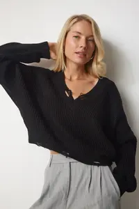 Happiness İstanbul Women's Black Ripped Detailed V-Neck Knitwear Sweater - Image 3