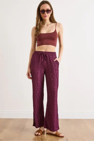 Olalook Women's Plum Waist Elastic Textured Flowy Wide Leg Trousers