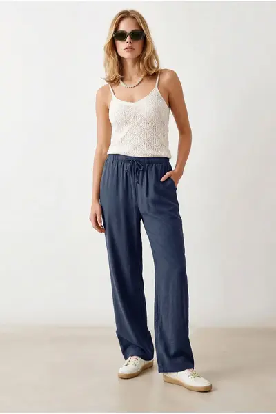 Olalook Women's Navy Blue Elastic Waist Pocket Royal Linen Loose Trousers