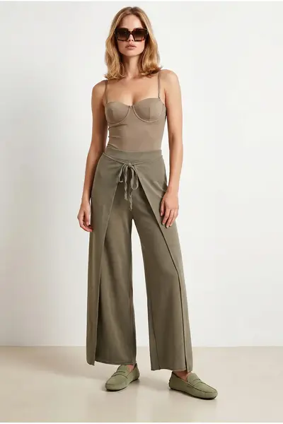 Olalook Women's Khaki Layered Tie Detailed Wide Leg Linen Trousers