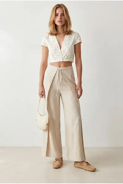 Olalook Women's Stone Layered Lacing Detailed Wide Leg Linen Trousers