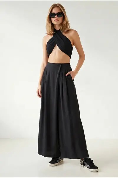 Olalook Women's Black Pocket Skirt Look Modal Trousers
