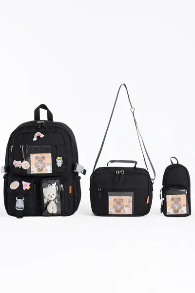 Roxbros Kawaii Korean Style Set of 3 Kids Primary School Bag with Pen Holder Lunch Bag Backpack with Accessories