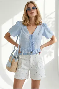 Olalook Women's Baby Blue Belted Pocket Polka Dot Gabardine Shorts - Image 2