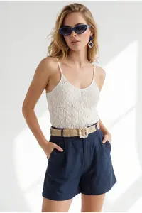 Olalook Women's Navy Blue Pleated Linen Shorts with Pockets - Image 3