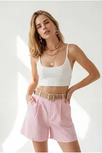 Olalook Women PINK with pocket pleated Linen Shorts
