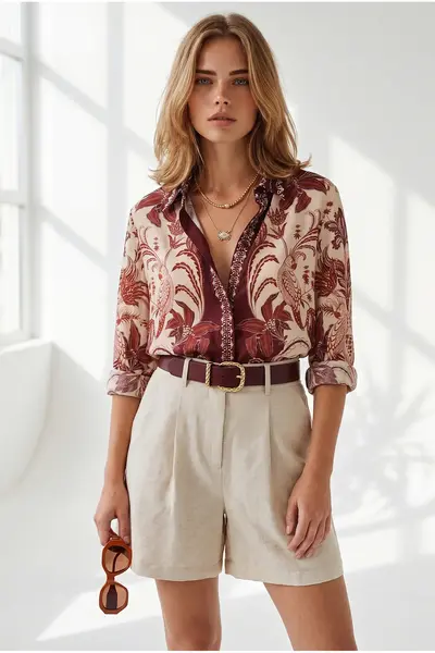 Olalook Women Stone with pocket pleated Linen Shorts
