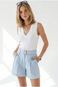 Olalook Women's Baby Blue Pleated Pocket Belted Linen Shorts - Image 2