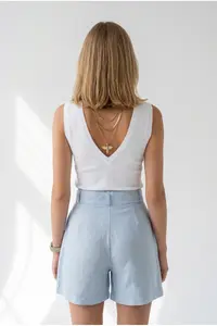 Olalook Women's Baby Blue Pleated Pocket Belted Linen Shorts - Image 5
