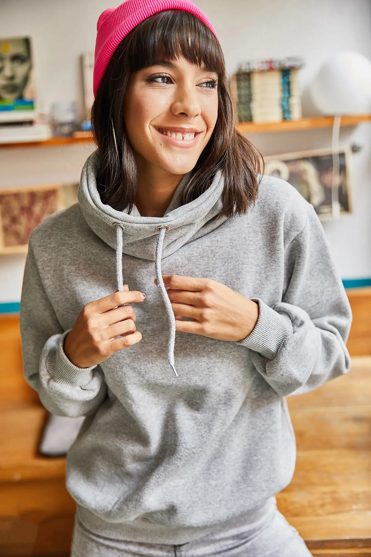 Olalook Women's Gray Long Neck Soft Textured Thick Sweatshirt