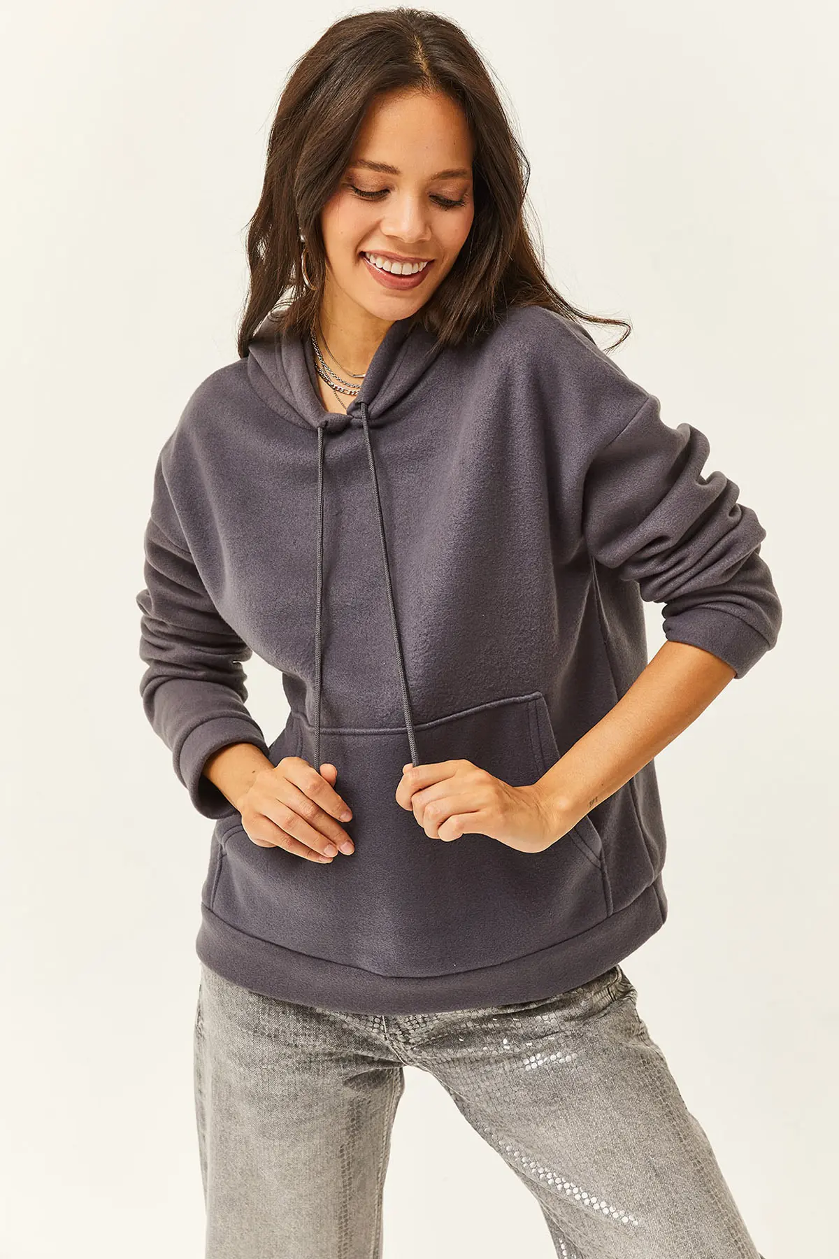 Olalook Women's Smoked Hooded Kangaroo Pocket Fleece Sweatshirt