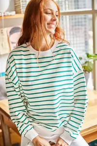Olalook Women's Ecru Green Striped Basic Soft Textured Loose Sweatshirt - Image 3
