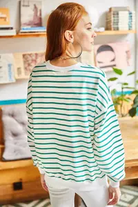 Olalook Women's Ecru Green Striped Basic Soft Textured Loose Sweatshirt - Image 5