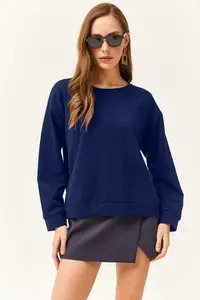 Olalook Women's Navy Blue Basic Soft Textured Loose Sweatshirt - Image 2