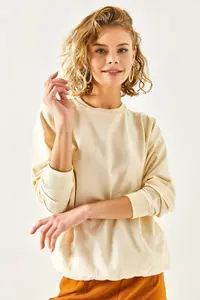 Olalook Women's Plain Beige Basic Soft Textured Loose Sweatshirt - Image 6