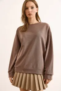 Olalook Women's Plain Camel Basic Soft Textured Loose Sweatshirt - Image 2