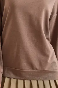 Olalook Women's Plain Camel Basic Soft Textured Loose Sweatshirt - Image 5