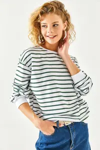 Olalook Women's White Emerald Green Basic Soft Textured Loose Sweatshirt - Image 5
