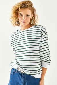 Olalook Women's White Emerald Green Basic Soft Textured Loose Sweatshirt - Image 6