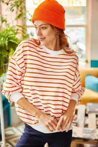 Olalook Women's White Orange Striped Basic Soft Textured Loose Sweatshirt - Image 3