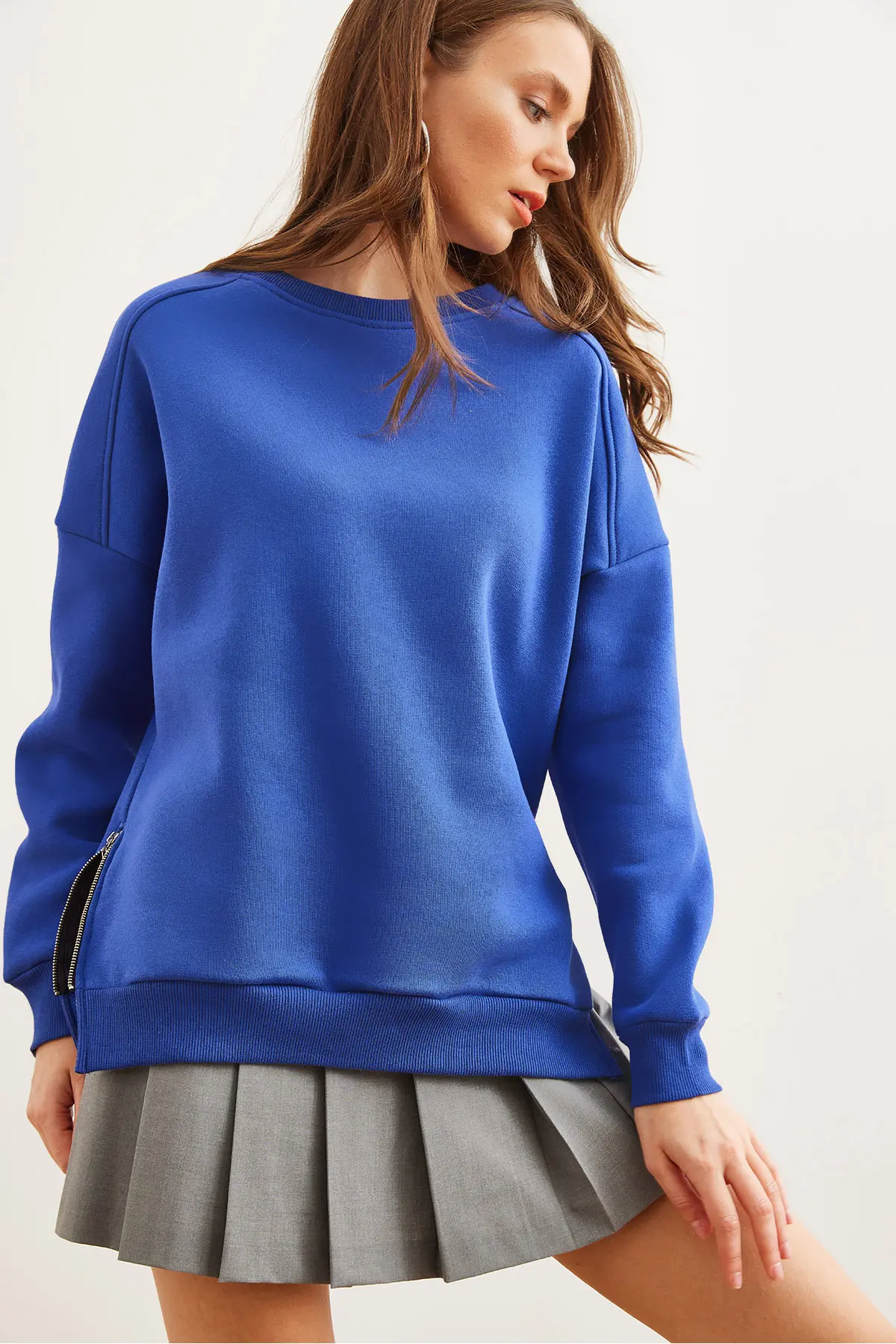 Olalook Women's Saks Blue Thick Sweatshirt with Zipper Detail on the Sides and Fleece Inside