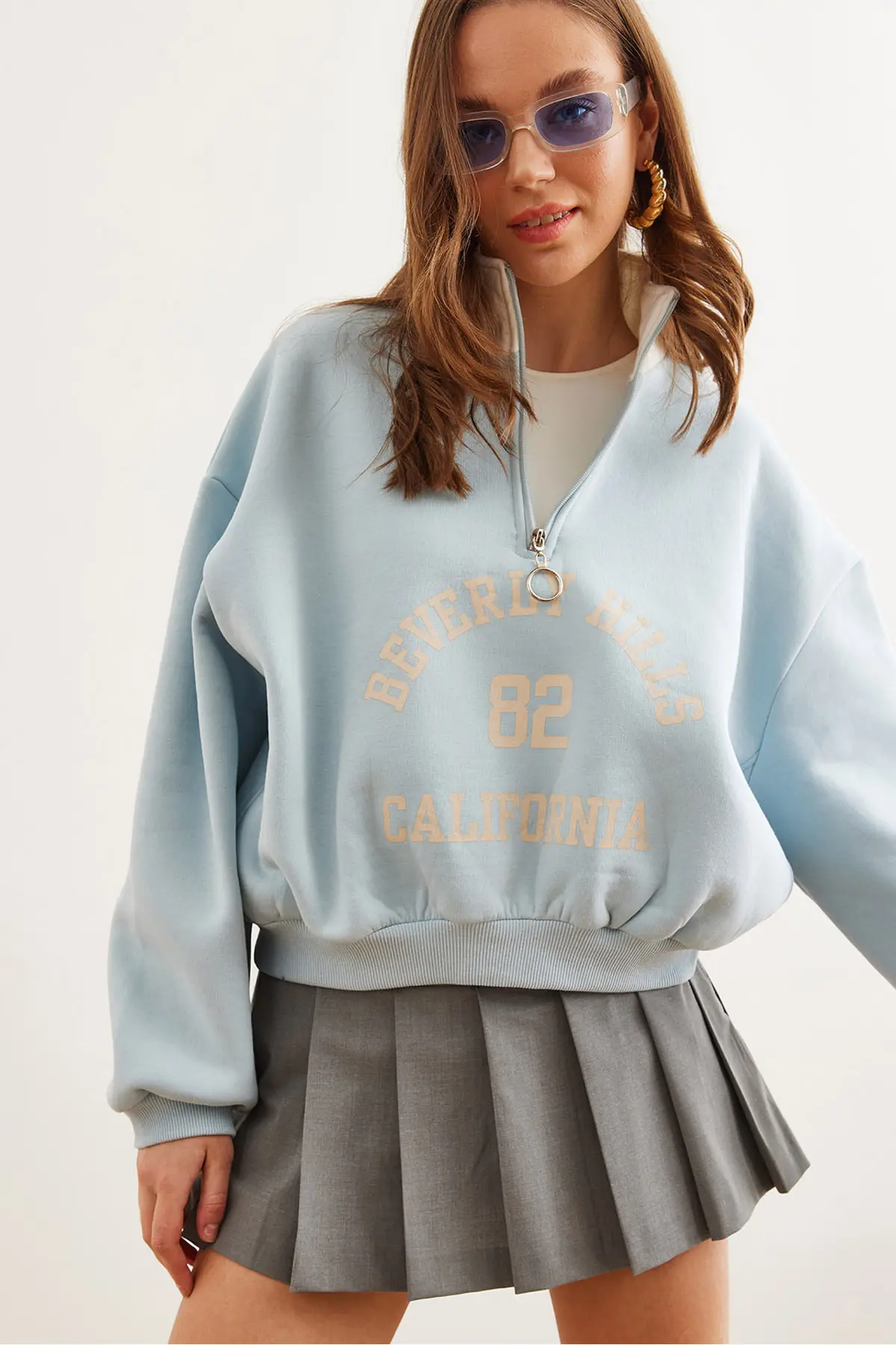 Olalook Women's Baby Blue Stand-Up Collar Zippered Ribbon Loose Sweatshirt
