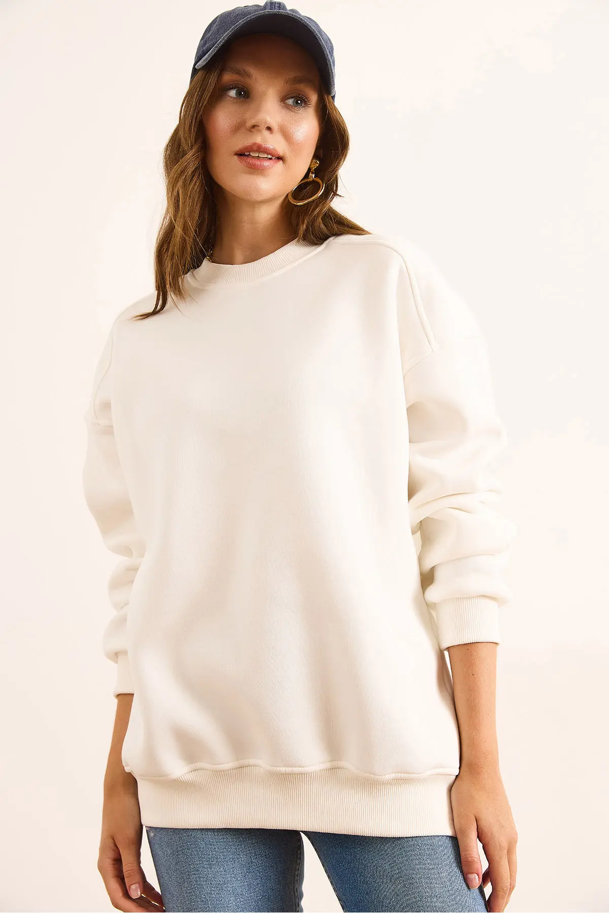 Olalook Women's White Premium Shoulder Stitching Detailed Oversize Rose Gold Sweatshirt