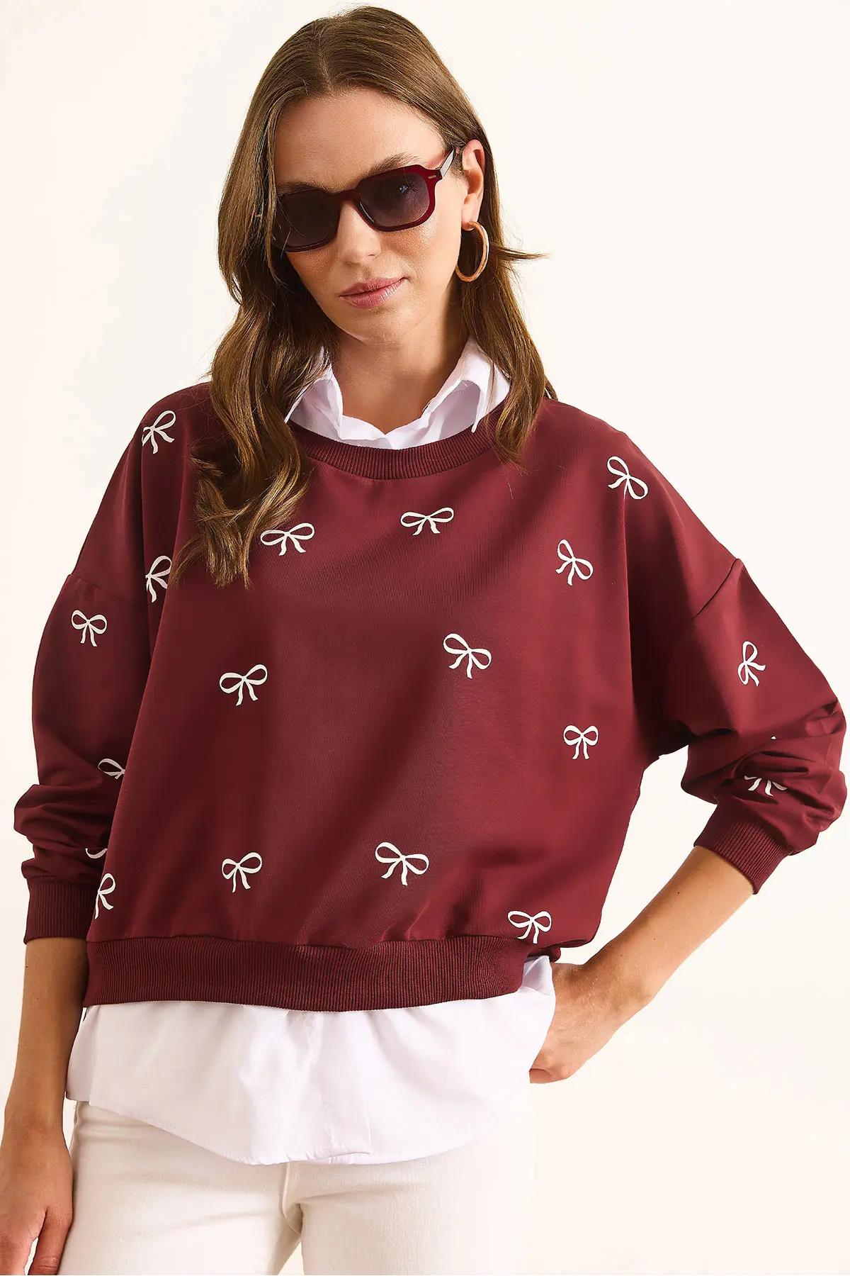 Olalook Women's Claret Red and White Bow Printed Collar Skirt Shirt Detailed Oversize Sweatshirt