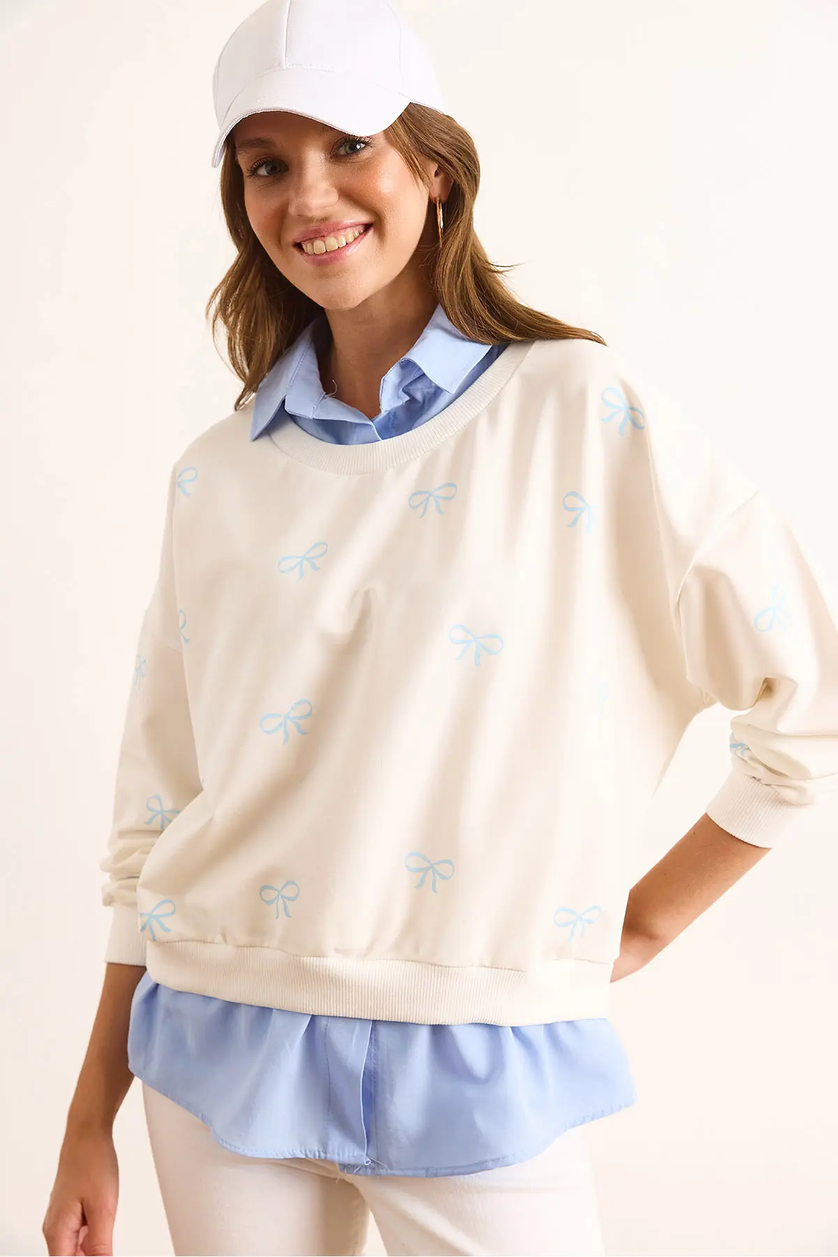 Olalook Women's White Blue Bow Printed Collar Skirt Shirt Detailed Oversize Sweatshirt