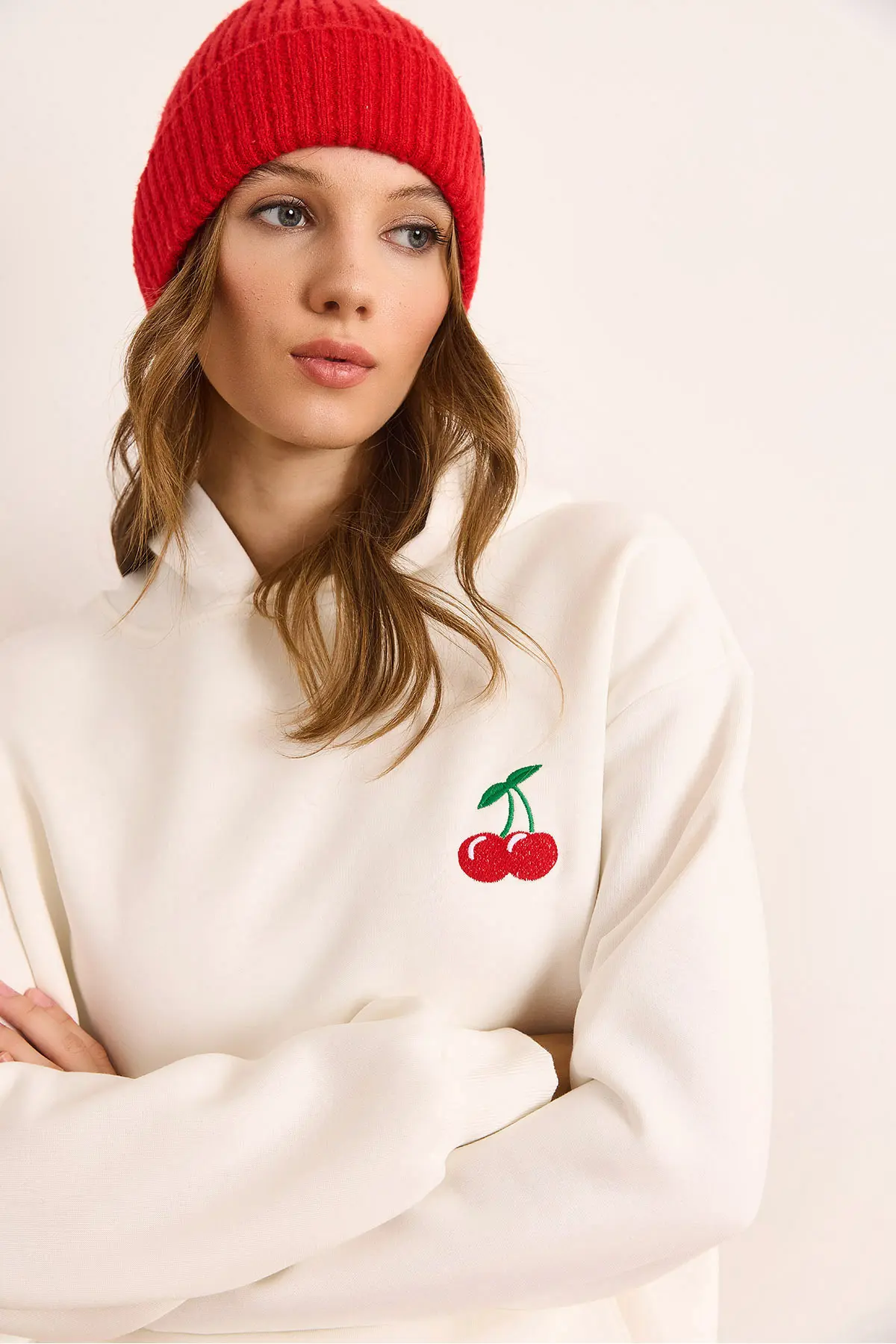 Olalook Women's White Cherry Embroidered Hooded Rose Gold Sweatshirt
