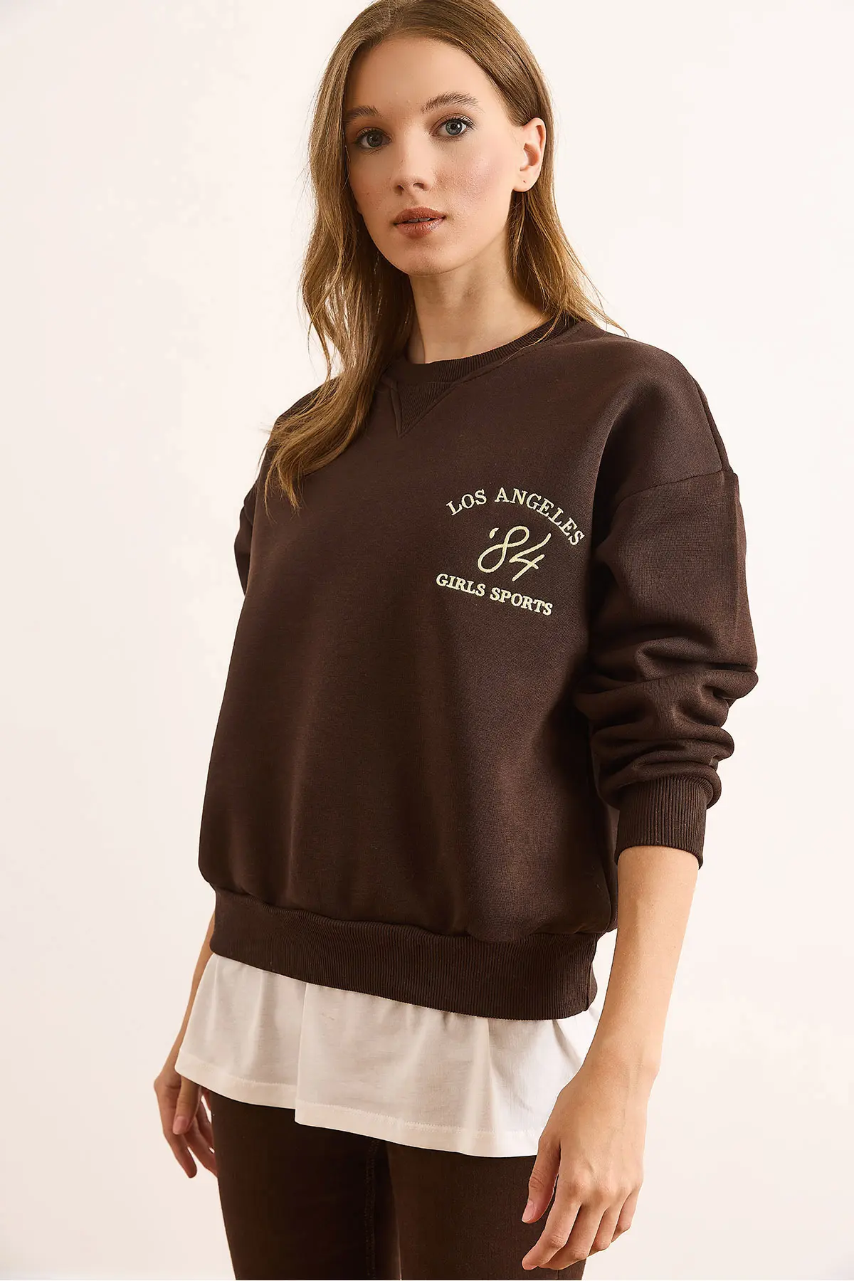 Olalook Women's Brown Skirt, Garnished Collar Detailed, Thick Sweatshirt with Rose Gold