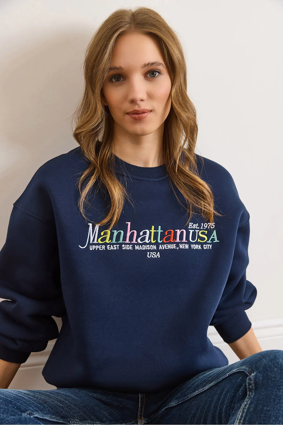 Olalook Women's Navy Blue Colored Embroidered Rose Gold Sweatshirt