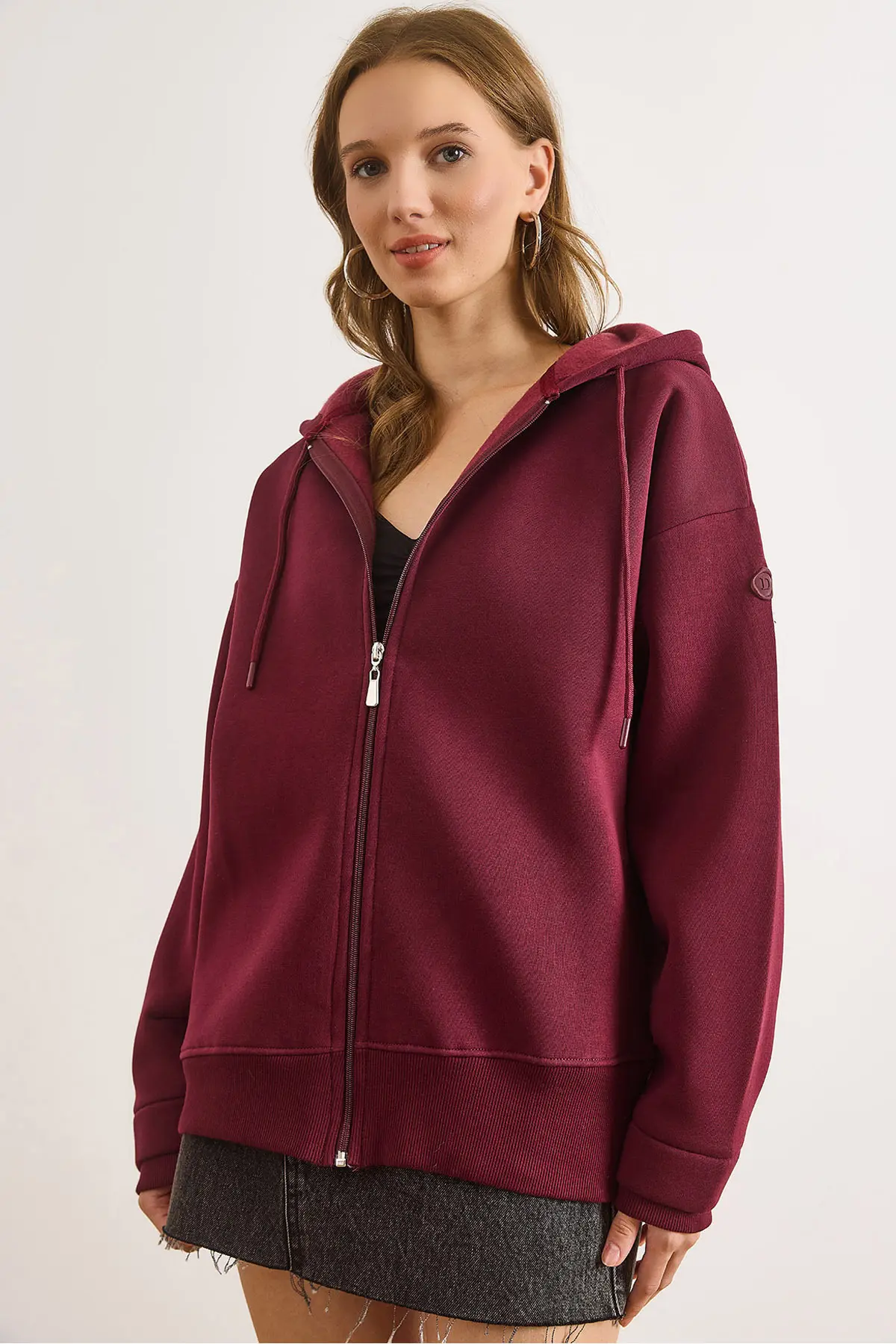 Olalook Women's Burgundy Asymmetrical Ribbed Cuff Detailed Oversize Sweatshirt