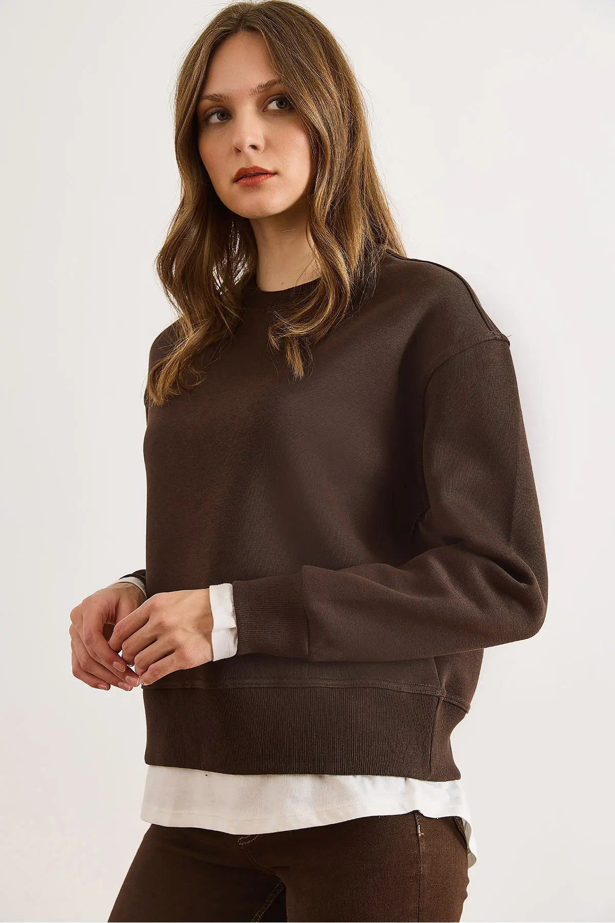 Olalook Women's Brown Combed Cotton Detailed Thick Sweatshirt