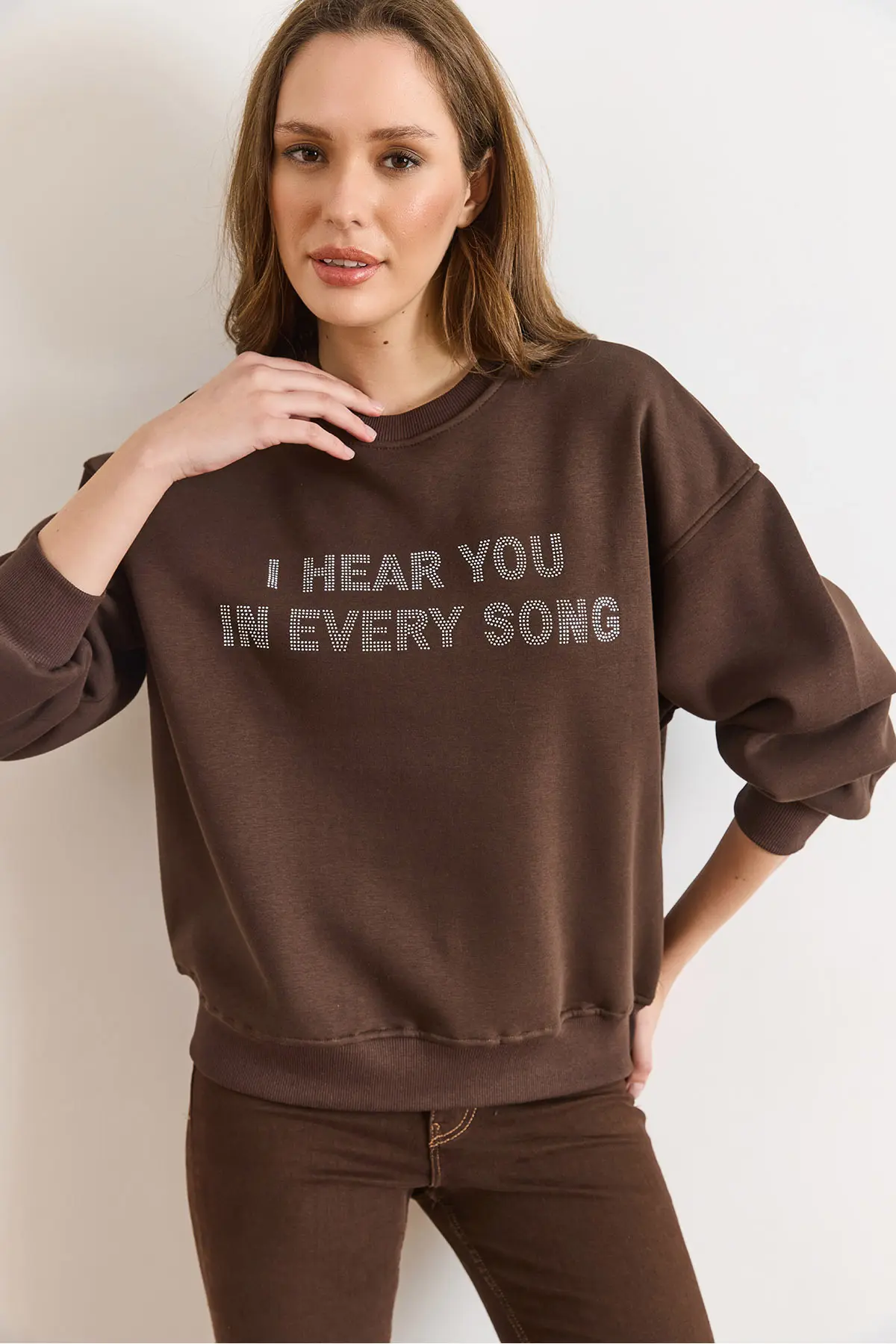 Olalook Women's Brown Sequin Detailed Tiered Thick Sweatshirt