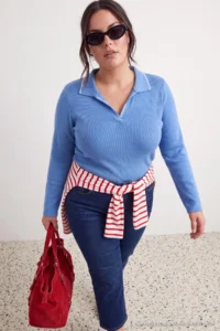 Trendyol Curve Light BLUE Knitwear Collar Detailed Fitted Ribbed Flexible Knitting Blouse - Image 2