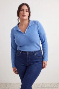 Trendyol Curve Light BLUE Knitwear Collar Detailed Fitted Ribbed Flexible Knitting Blouse - Image 4