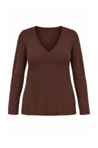 Trendyol Curve Brown Soft Fabric V-neck Fitted Flexible Knitting Plus Size Blouse - Image 5