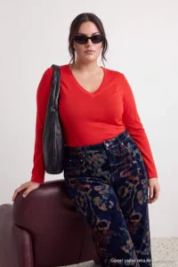 Trendyol Curve Red Soft Fabric V-neck Fitted Flexible Knitting Plus Size Blouse