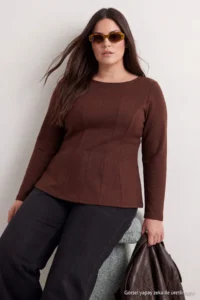 Trendyol Curve Brown interlock Knitting Plus Size Blouse - Image 2