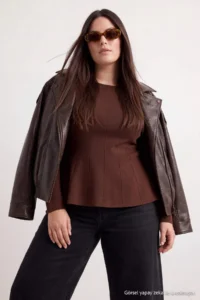 Trendyol Curve Brown interlock Knitting Plus Size Blouse - Image 3