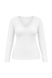 Trendyol Curve Ecru V-neck Lace Detailed Ribbed Fitted Cotton Flexible Knitting Blouse - Image 5