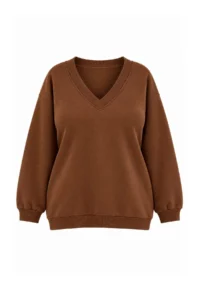 Trendyol Curve Brown V-neck Basic Plus Size Sweatshirt with Fleece Inside - Image 4