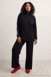 Trendyol Curve Black Stripe Detailed Turndown collar Knitwear Top and Bottom Set
