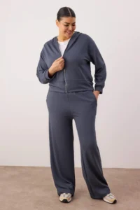 Trendyol Curve Indigo Thin Soft Comfortable Draped Material Front Zippered Plus Size Tracksuit