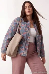 Trendyol Curve BLUE flower patterned DENIM Plus Size Jacket - Image 2