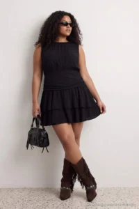 Trendyol Curve Black Crepe Ruffle Detailed Knitting Plus Size Dress